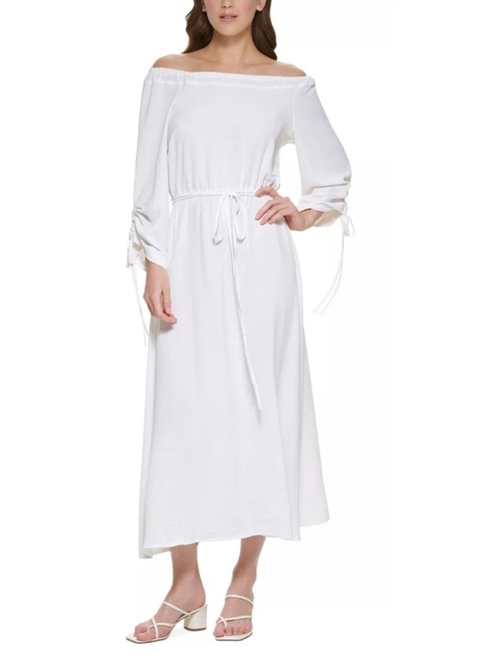 Nwt Calvin Klein Women's Off-The-Shoulder Blouson Maxi Tie Belt Dress White 16